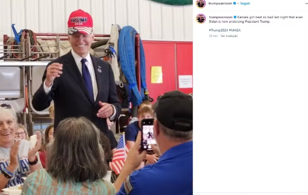 O presidente dos Estados Unidos, Joe Biden, foi fotografado colocando um boné com apoio à candidatura de Donald Trump, nesta quarta-feira (11). (Foto: Instagram)