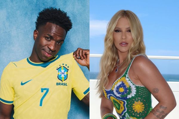 Vini Jr. interage com Virginia Fonseca antes do jogo do Brasil na Copa