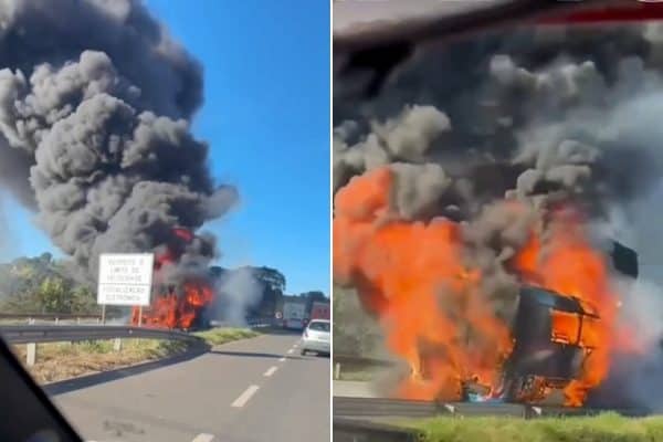 Ônibus pega fogo em MG e bloqueia Fernão Dias; 46 passageiros escapam ilesos