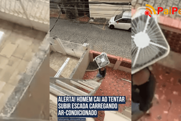 Alerta! Homem cai ao tentar subir escada carregando ar-condicionado