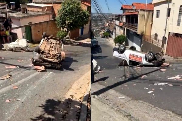 Fiorino capota ao tentar subir ladeira no bairro Tupi, em BH