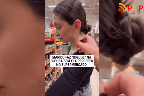 Marido faz “bigode” na esposa sem ela perceber no supermercado