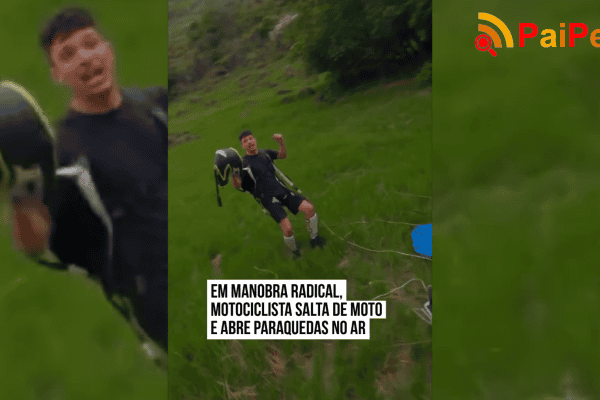 Em manobra radical, motociclista salta de moto e abre paraquedas no ar