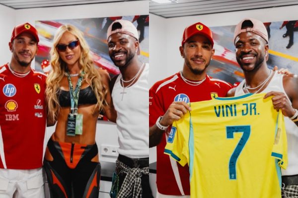 Lewis Hamilton posa com Vini Jr., mas ignora Virginia e causa reações