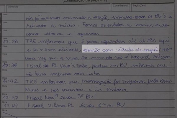 Ata de seção eleitoral indica que TRE-SP orientou uso de cédula de papel